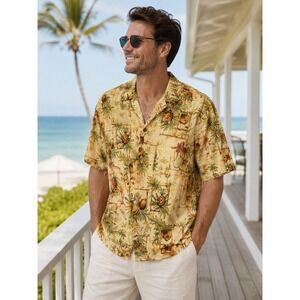 Ocean &‎ Coast Mens XL Tropical Pineapple Coconut Hawaiian Button Down Shirt Tan